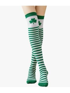 St. Patrick Day Thigh High Socks Over Knee Green White Striped Shamrock, New